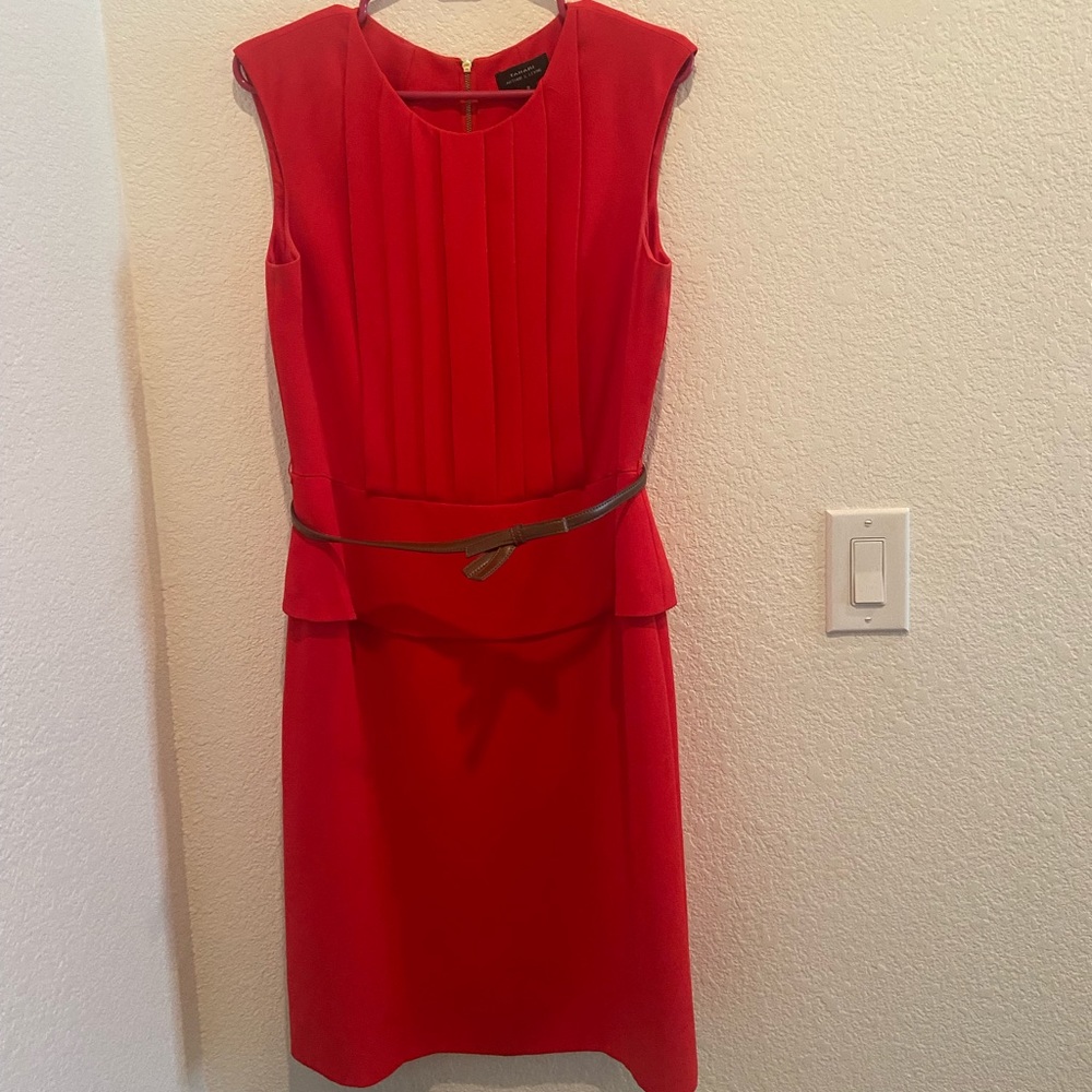 Red Tahari peplum dress with tan bow belt Size: 8
